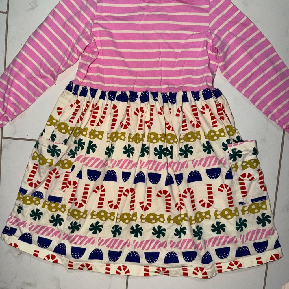 Girls Pink Striped Long Sleeve Dress with Candy Print Skirt